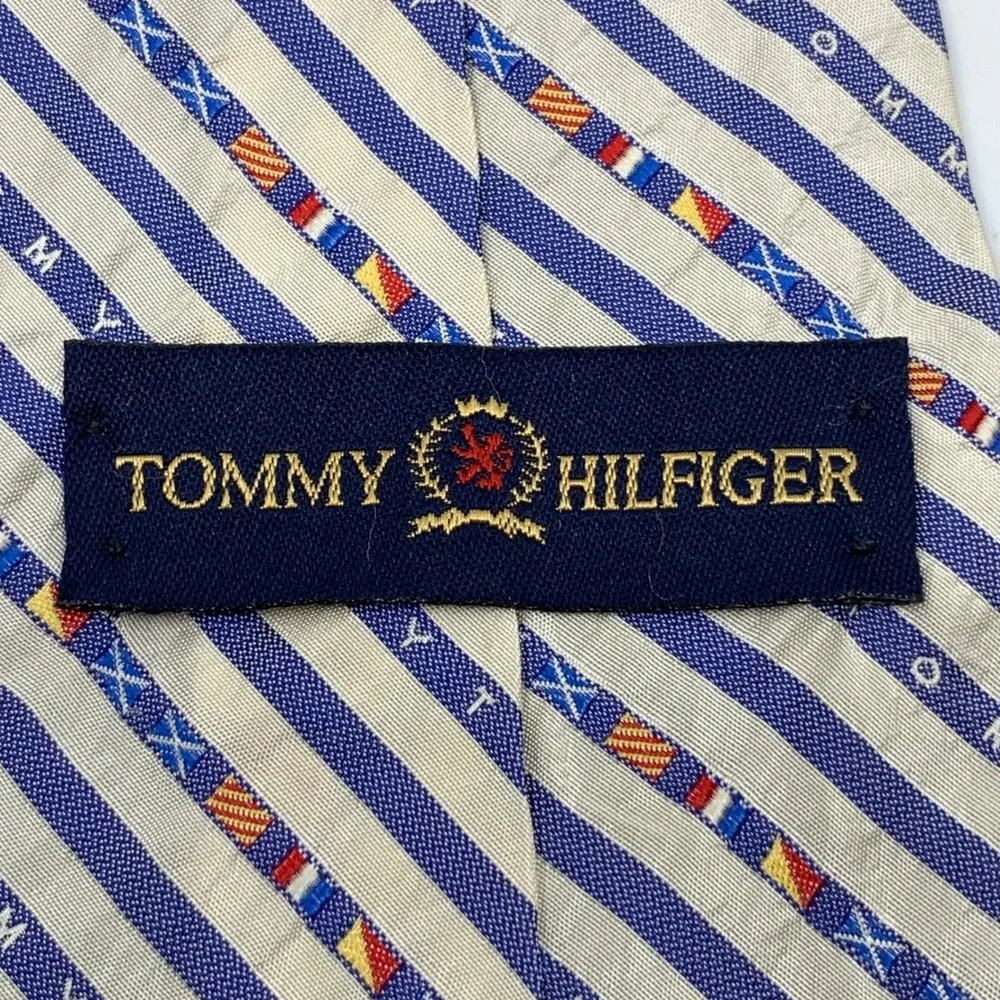 Tommy Hilfiger Men's Silk Necktie Blue/White Striped‎ Nautical Flag Logo Tie